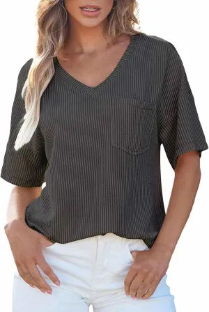 GOKKILRW Womens Knit T Shirts Summer Casual Stretchy Cotton Tops V Neck Short Sleeve Solid Blouse Dressy Going Out Tee Pocket