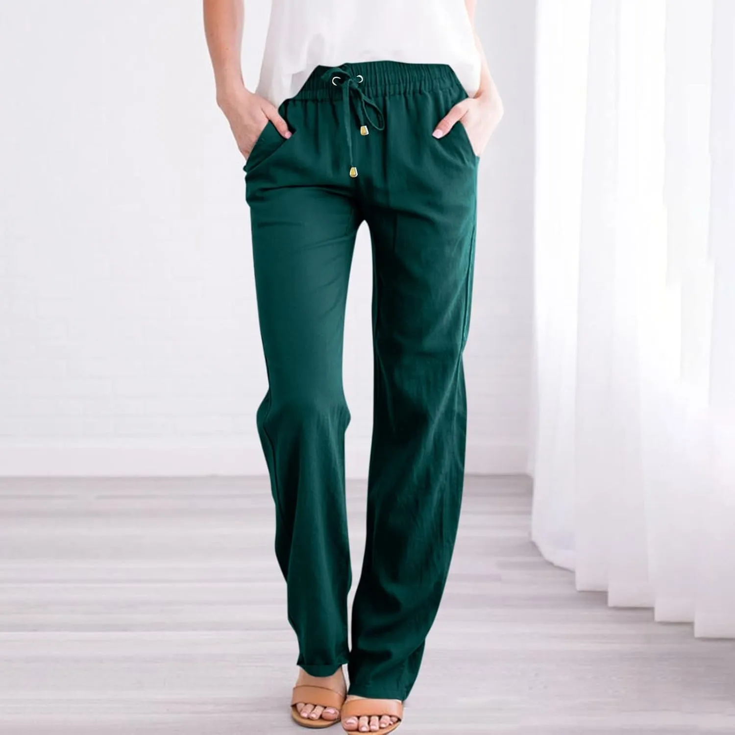 Gumipy Linen Casual Pants for Women Drawstring High Waisted Dress Pants Straight Leg Trousers Pants Lounge Pants with Pockets