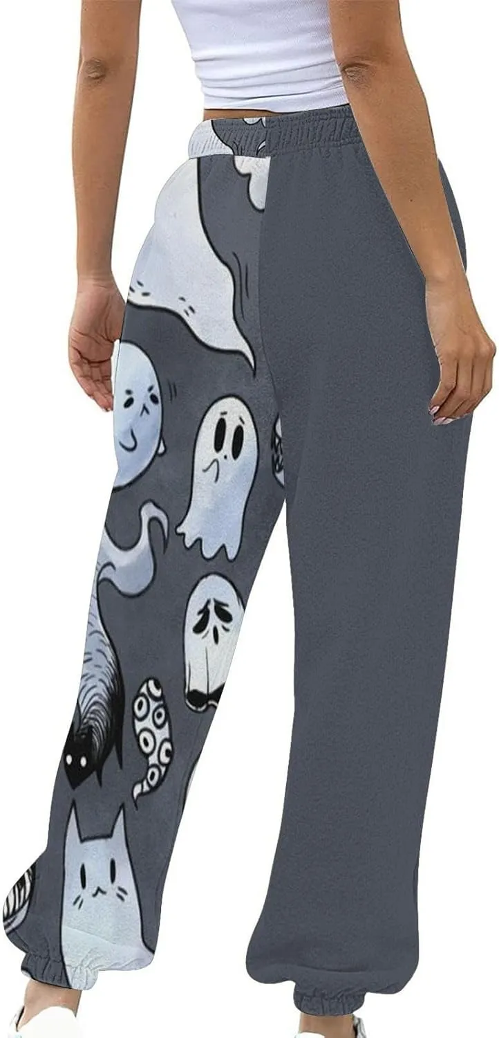 Halloween Sweatpants for Women Funny Ghost Print Workout Joggers Pants Drawstring Lounge Bottoms Pants with Pockets