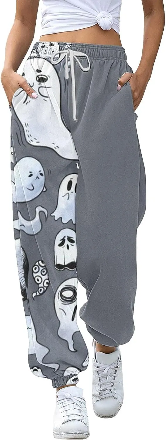 Halloween Sweatpants for Women Funny Ghost Print Workout Joggers Pants Drawstring Lounge Bottoms Pants with Pockets