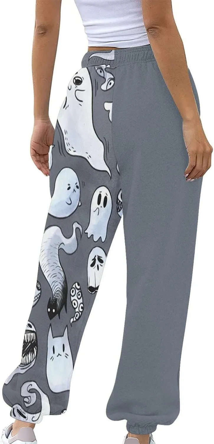 Halloween Sweatpants for Women Funny Ghost Print Workout Joggers Pants Drawstring Lounge Bottoms Pants with Pockets