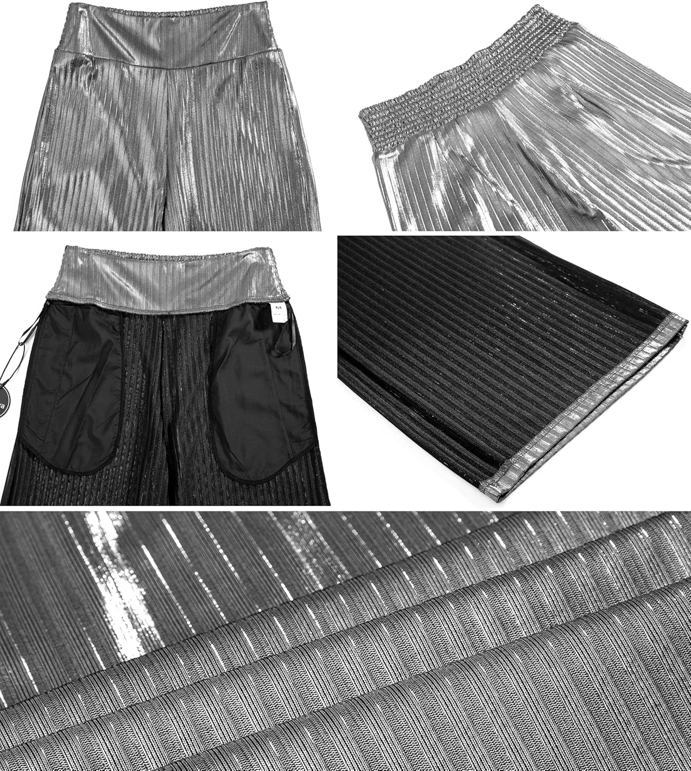 heipeiwa Women's Metallic Wide Leg Palazzo Pants Rib Pleated Smocked Waist Party Club Sequin Slacks Pant