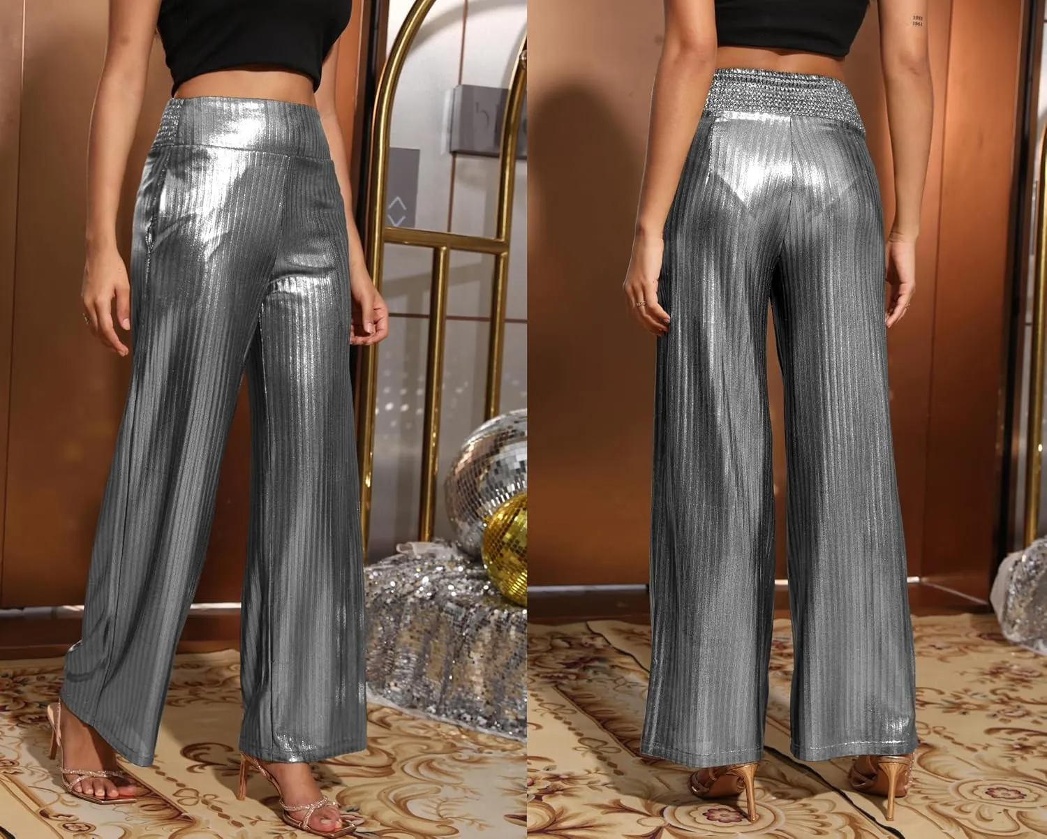 heipeiwa Women's Metallic Wide Leg Palazzo Pants Rib Pleated Smocked Waist Party Club Sequin Slacks Pant