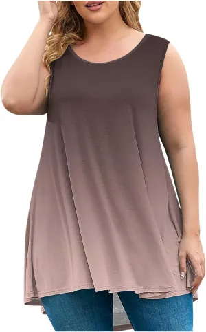 HGps8w Women's Plus Size Tank Tops Dressy Casual 2025 Summer Gradient Blouse Loose Crewneck Sleeveless Flowy Tunic T-Shirts