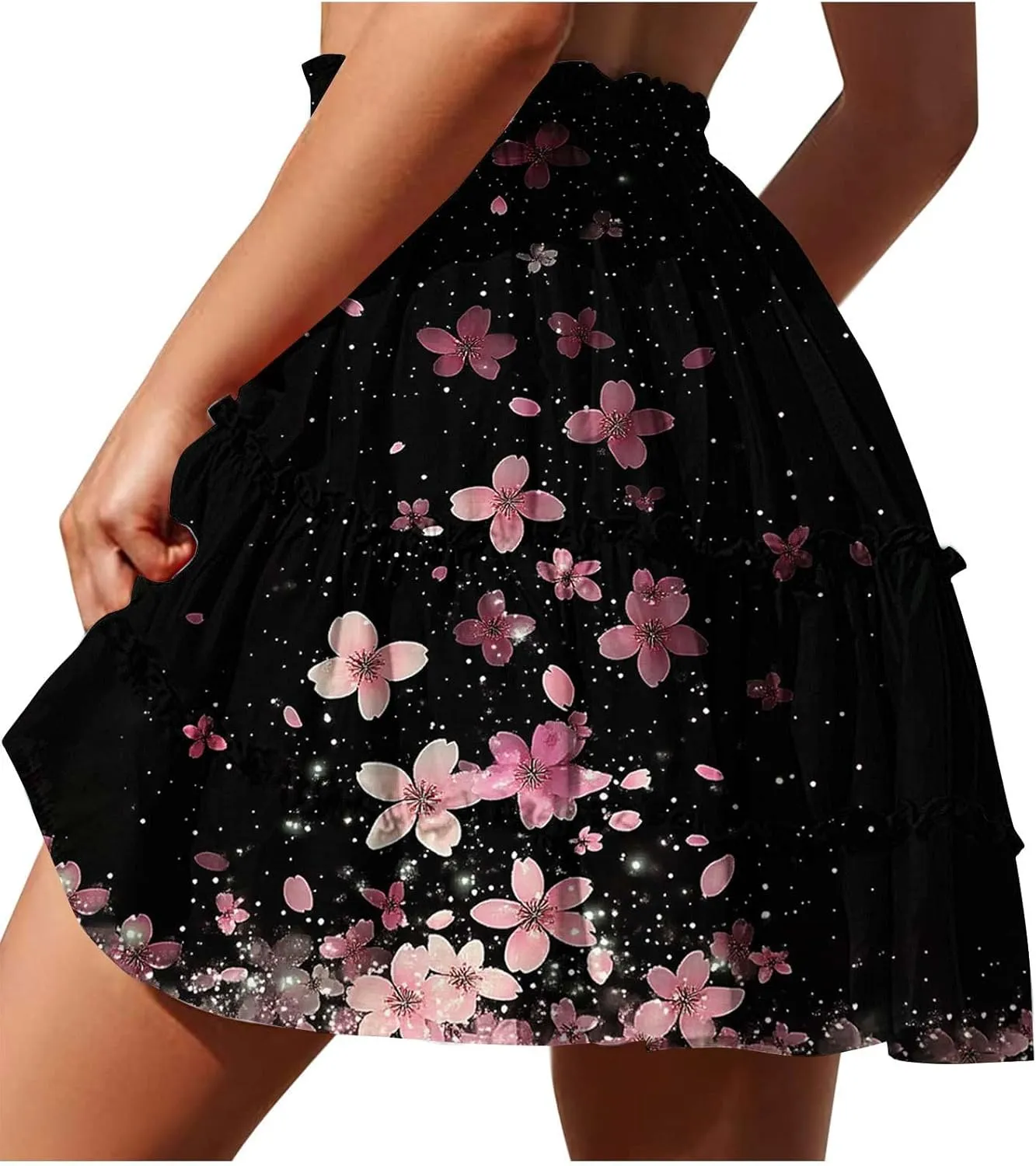 High Waist Floral Mini Skirts for Women Boho Style Beach Short Skirt Flower Print Hawaiian Pleated Half Dress