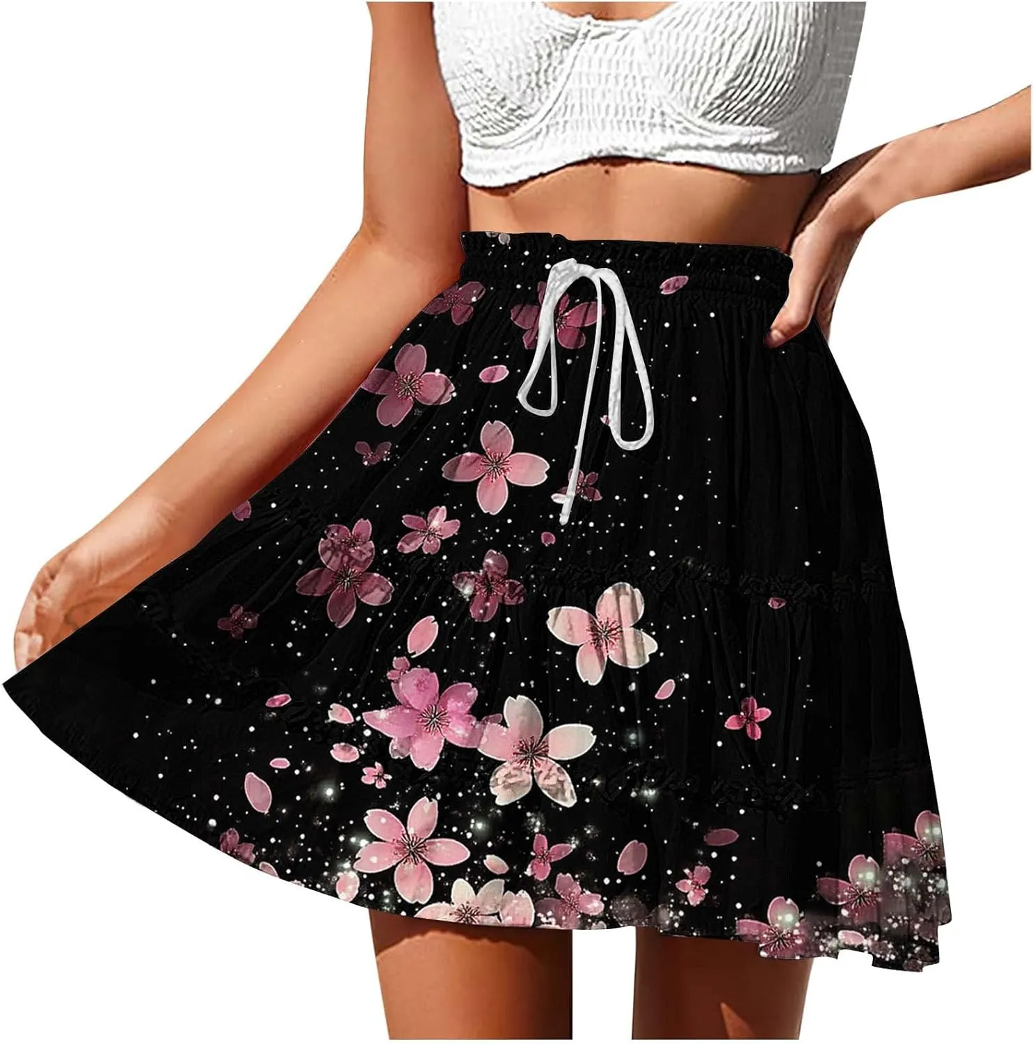 High Waist Floral Mini Skirts for Women Boho Style Beach Short Skirt Flower Print Hawaiian Pleated Half Dress