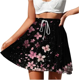 High Waist Floral Mini Skirts for Women Boho Style Beach Short Skirt Flower Print Hawaiian Pleated Half Dress