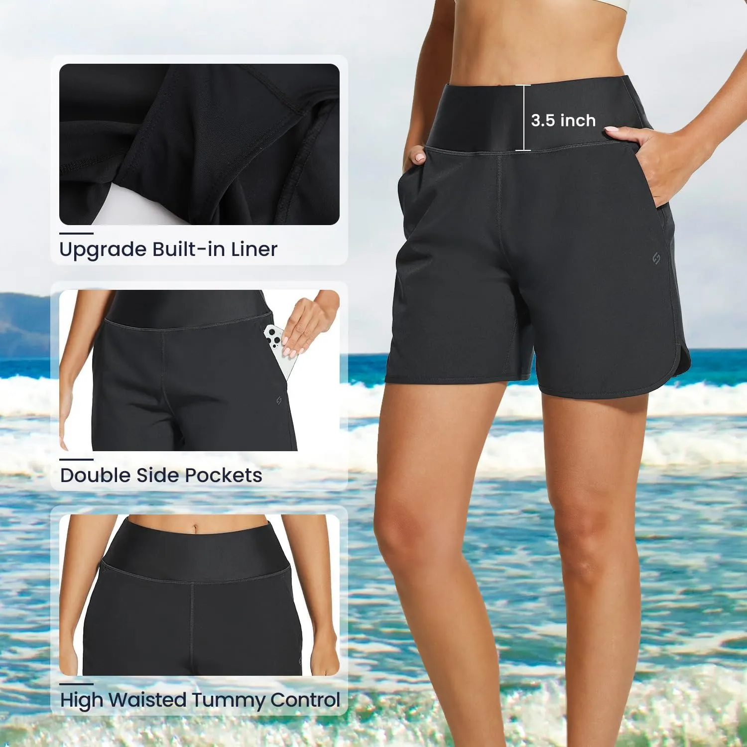 HODOSPORTS Women's 5'' High Waisted Swim Board Shorts with Pockets Liner Quick Dry Swimsuit Bottoms Trunks