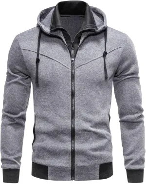 Hoodies For Men Casual Long Sleeve Zip Jacket Trendy Solid Color Coat Lightweight Drawstring Sport Outwear With Pocket