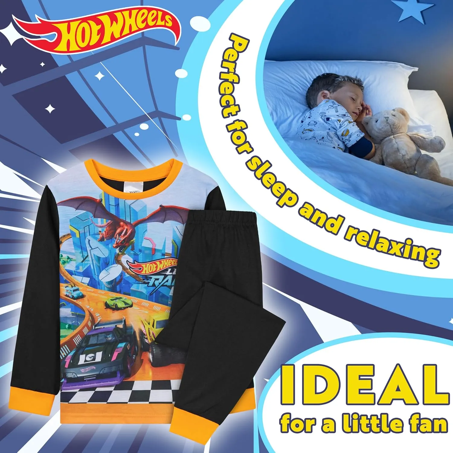 Hot Wheels Boys Long Pajama Set, Comfortable 2 Piece PJs - Boys Gifts