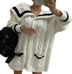 HOULENGS Women's 2024 Long Sleeve Chunky Knitted Outwear Coats Button Down Lapel Cardigan Sweater with Pockets