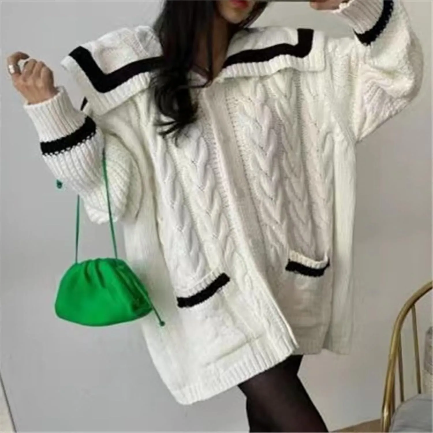 HOULENGS Women's 2024 Long Sleeve Chunky Knitted Outwear Coats Button Down Lapel Cardigan Sweater with Pockets
