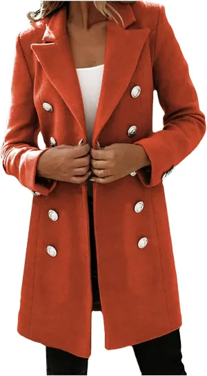 Hvyesh Womens Wool Trench Pea Coats 2024 Winter Jackets Trendy Notch Lapel Double Breasted Mid Long Warm Jacket Overcoat