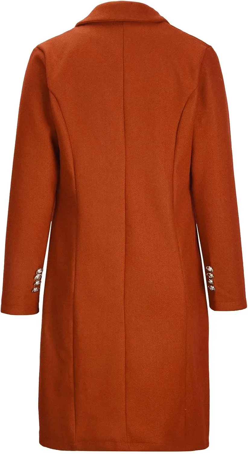 Hvyesh Womens Wool Trench Pea Coats 2024 Winter Jackets Trendy Notch Lapel Double Breasted Mid Long Warm Jacket Overcoat