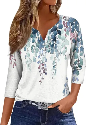 HXHYQKP 3/4 Sleeve Tops for Women V Neck Button Down Shirts Business Casual Outfit Basic Tees Summer Top 2025