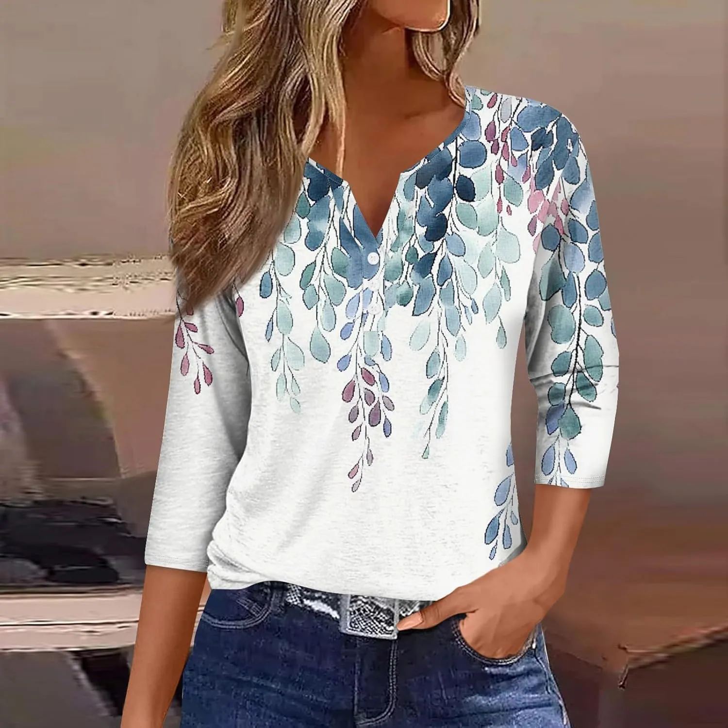 HXHYQKP 3/4 Sleeve Tops for Women V Neck Button Down Shirts Business Casual Outfit Basic Tees Summer Top 2025