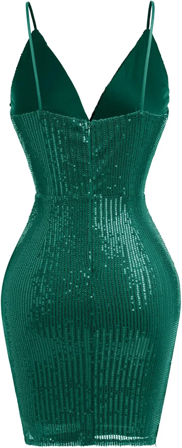 IWEMEK Women Spaghetti Straps Sparkly Sequins Bodycon Mini Dress Party Nightclub Sequin Homecoming Dress for Teens Prom Dress