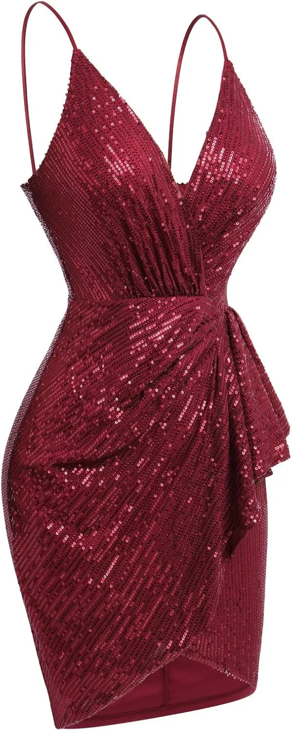 IWEMEK Women Spaghetti Straps Sparkly Sequins Bodycon Mini Dress Party Nightclub Sequin Homecoming Dress for Teens Prom Dress