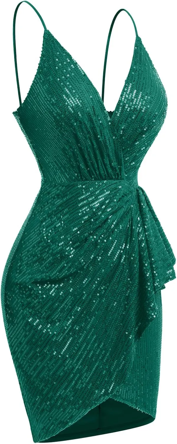 IWEMEK Women Spaghetti Straps Sparkly Sequins Bodycon Mini Dress Party Nightclub Sequin Homecoming Dress for Teens Prom Dress