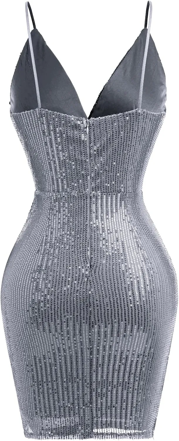 IWEMEK Women Spaghetti Straps Sparkly Sequins Bodycon Mini Dress Party Nightclub Sequin Homecoming Dress for Teens Prom Dress