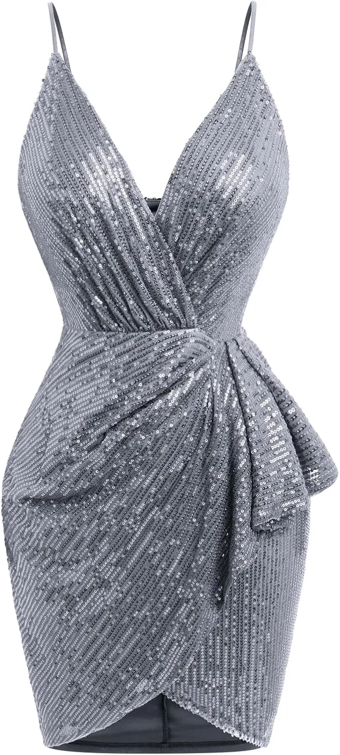 IWEMEK Women Spaghetti Straps Sparkly Sequins Bodycon Mini Dress Party Nightclub Sequin Homecoming Dress for Teens Prom Dress