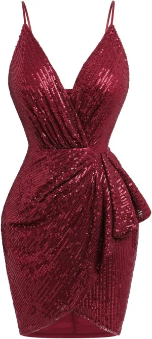 IWEMEK Women Spaghetti Straps Sparkly Sequins Bodycon Mini Dress Party Nightclub Sequin Homecoming Dress for Teens Prom Dress