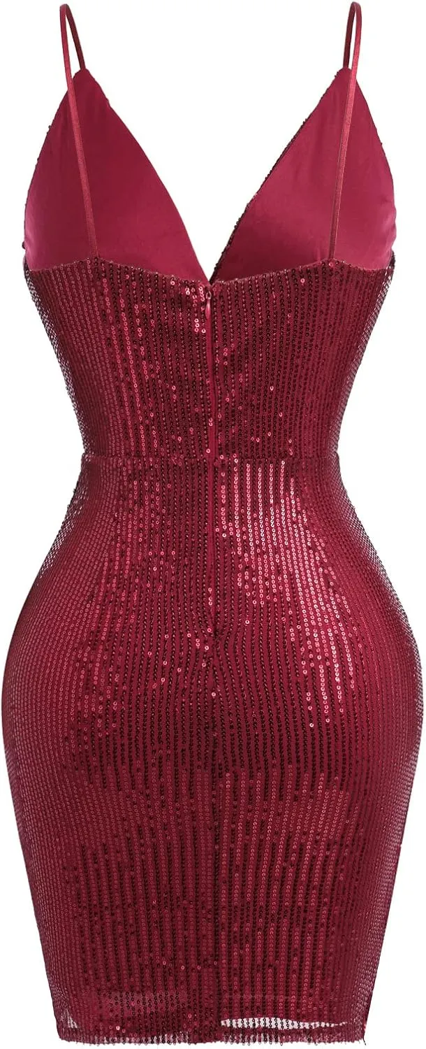 IWEMEK Women Spaghetti Straps Sparkly Sequins Bodycon Mini Dress Party Nightclub Sequin Homecoming Dress for Teens Prom Dress