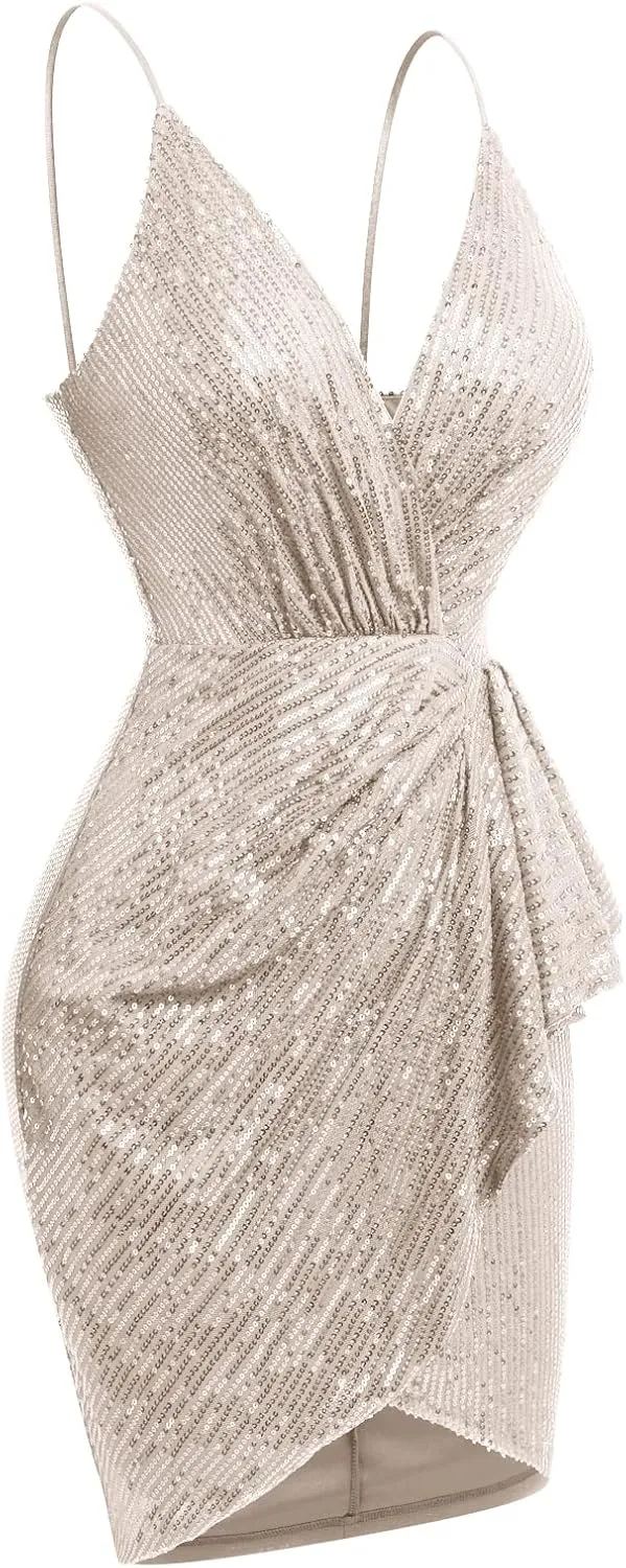 IWEMEK Women Spaghetti Straps Sparkly Sequins Bodycon Mini Dress Party Nightclub Sequin Homecoming Dress for Teens Prom Dress