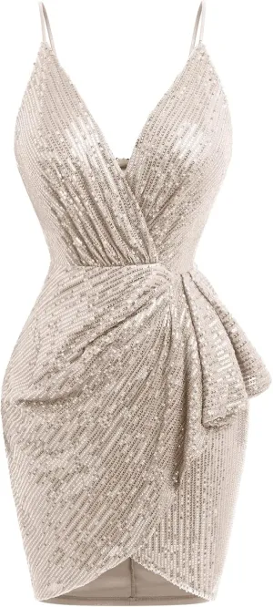 IWEMEK Women Spaghetti Straps Sparkly Sequins Bodycon Mini Dress Party Nightclub Sequin Homecoming Dress for Teens Prom Dress