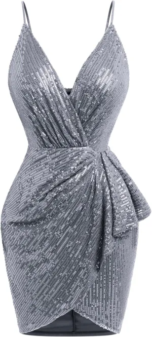 IWEMEK Women Spaghetti Straps Sparkly Sequins Bodycon Mini Dress Party Nightclub Sequin Homecoming Dress for Teens Prom Dress