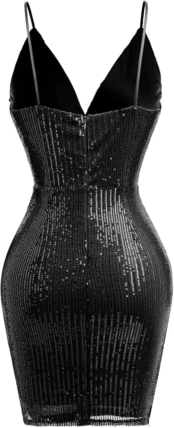 IWEMEK Women Spaghetti Straps Sparkly Sequins Bodycon Mini Dress Party Nightclub Sequin Homecoming Dress for Teens Prom Dress
