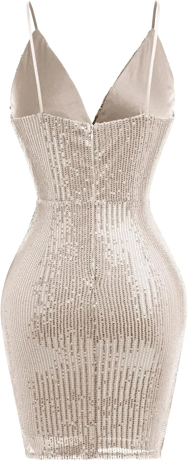 IWEMEK Women Spaghetti Straps Sparkly Sequins Bodycon Mini Dress Party Nightclub Sequin Homecoming Dress for Teens Prom Dress