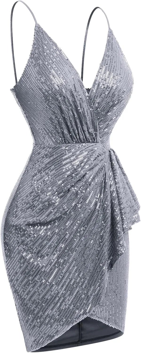 IWEMEK Women Spaghetti Straps Sparkly Sequins Bodycon Mini Dress Party Nightclub Sequin Homecoming Dress for Teens Prom Dress