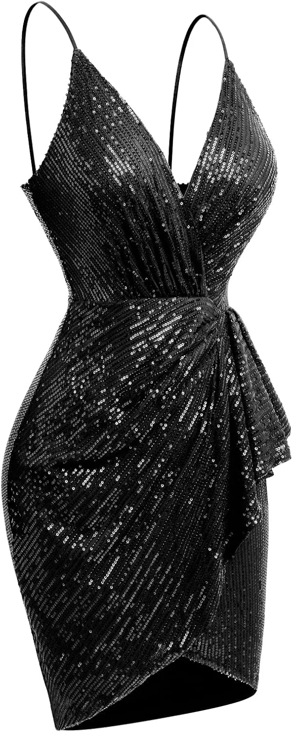 IWEMEK Women Spaghetti Straps Sparkly Sequins Bodycon Mini Dress Party Nightclub Sequin Homecoming Dress for Teens Prom Dress