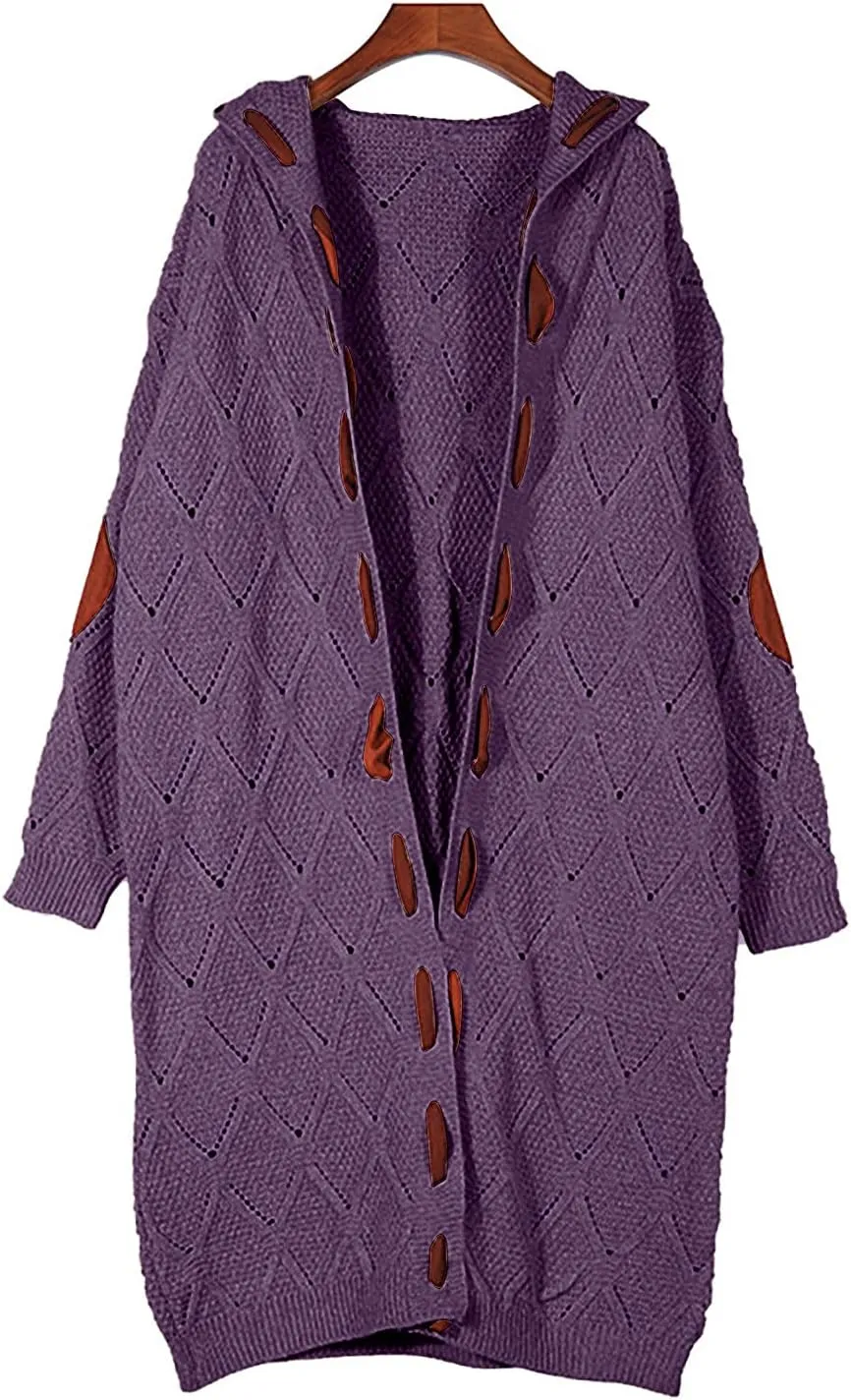 JEGULV Cardigan Sweaters for Women with Hooded Chunky Knit Sweaters Open Front Long Outwear Cardigan Solid Color Overcoats