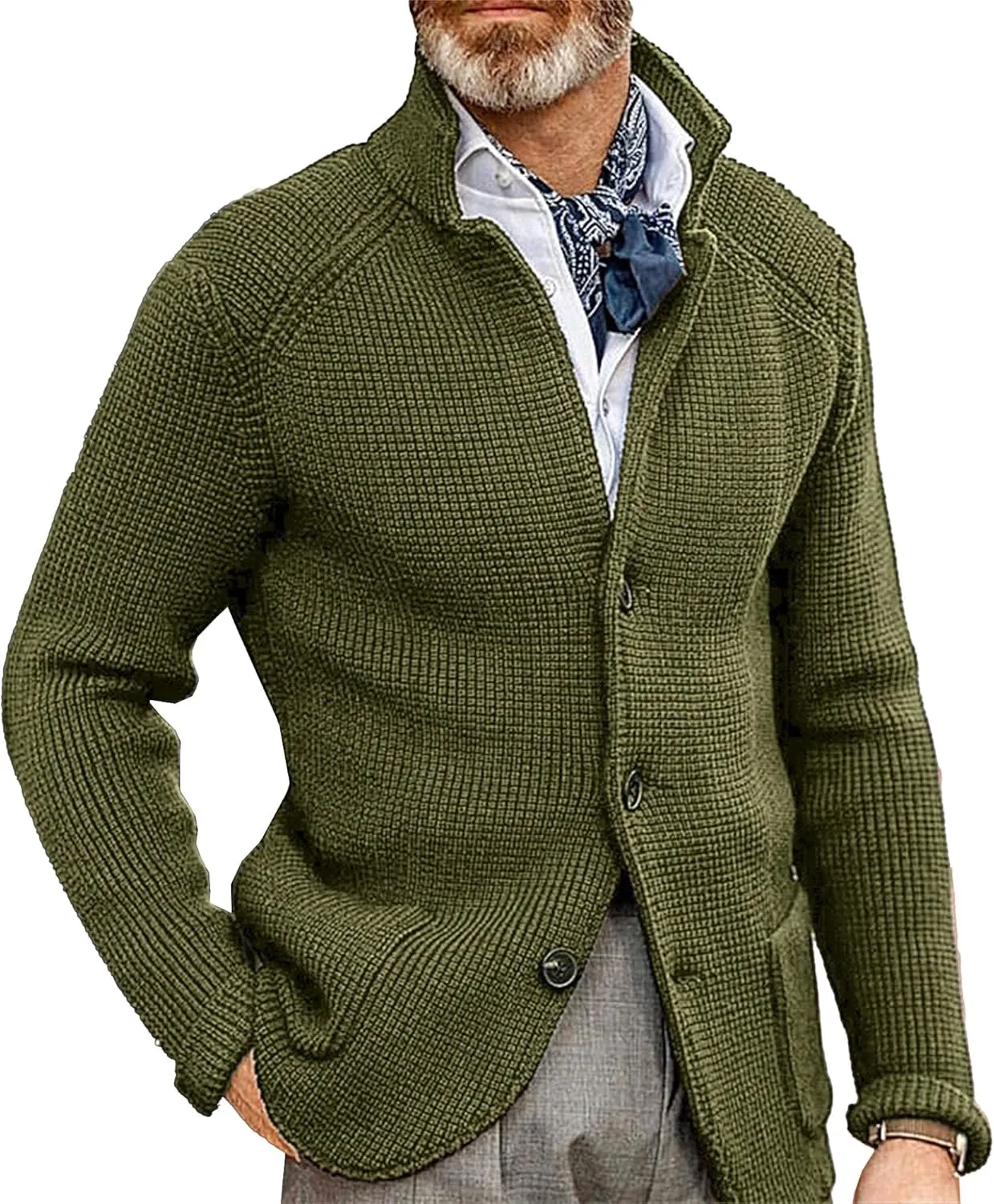 JEShifangjiusu Men'S Stand Collar Cardigan Sweaters Wool Blend V Neck Button Down Sweaters Solid Color Coat With Pockets
