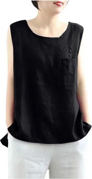JOAU Cotton Linen Tank Tops for Womens Summer Sleeveless Crewneck Blouse Casual Solid Loose Basic Shirt with Pocket Plus Size