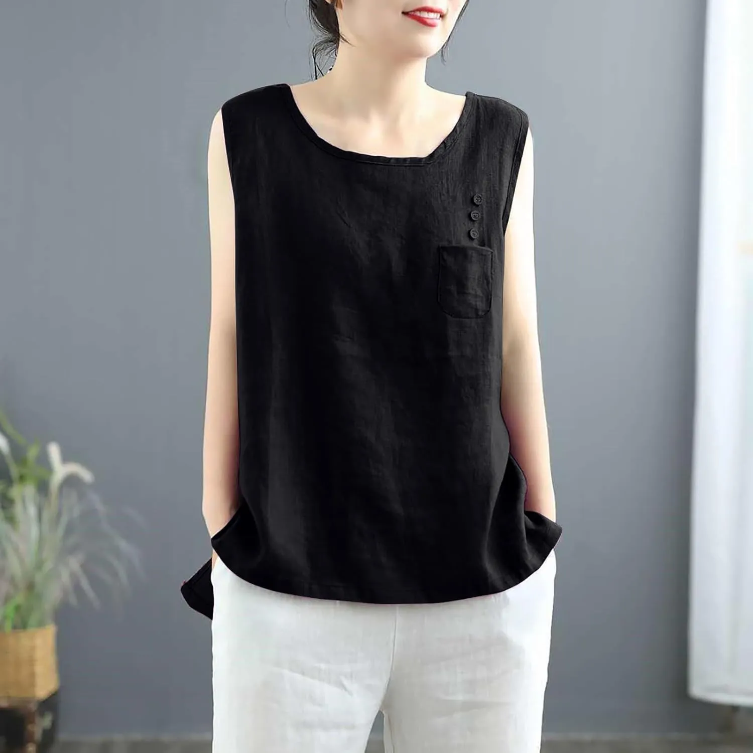 JOAU Cotton Linen Tank Tops for Womens Summer Sleeveless Crewneck Blouse Casual Solid Loose Basic Shirt with Pocket Plus Size