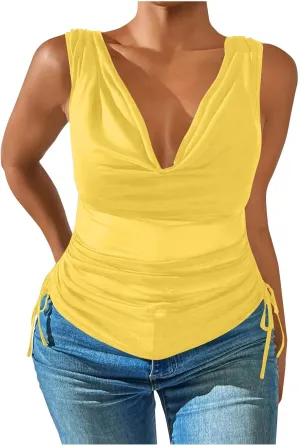 JOAU Women's Cowl Neck Tank Tops Summer Ruched Sleeveless Casual Shirts Drawstring Tie Side Shirring Tunic Blouse Plus Size