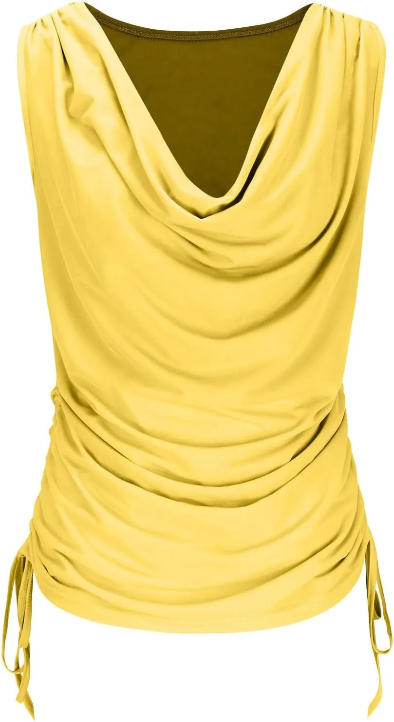 JOAU Women's Cowl Neck Tank Tops Summer Ruched Sleeveless Casual Shirts Drawstring Tie Side Shirring Tunic Blouse Plus Size