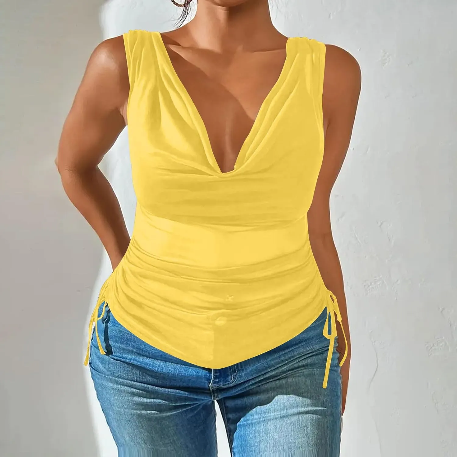 JOAU Women's Cowl Neck Tank Tops Summer Ruched Sleeveless Casual Shirts Drawstring Tie Side Shirring Tunic Blouse Plus Size