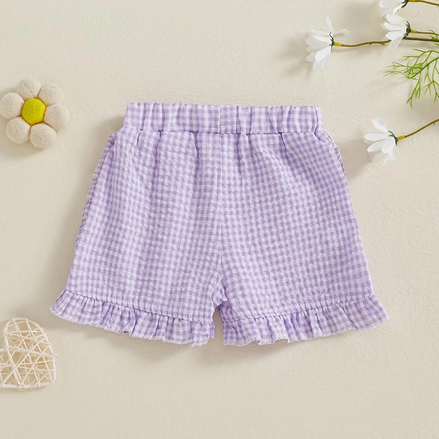 Karuedoo Toddler Baby Girl Shorts Casual Summer Gingham Plaid/Seersucker Elastic Waist Ruffle Hem Shorts Bottoms
