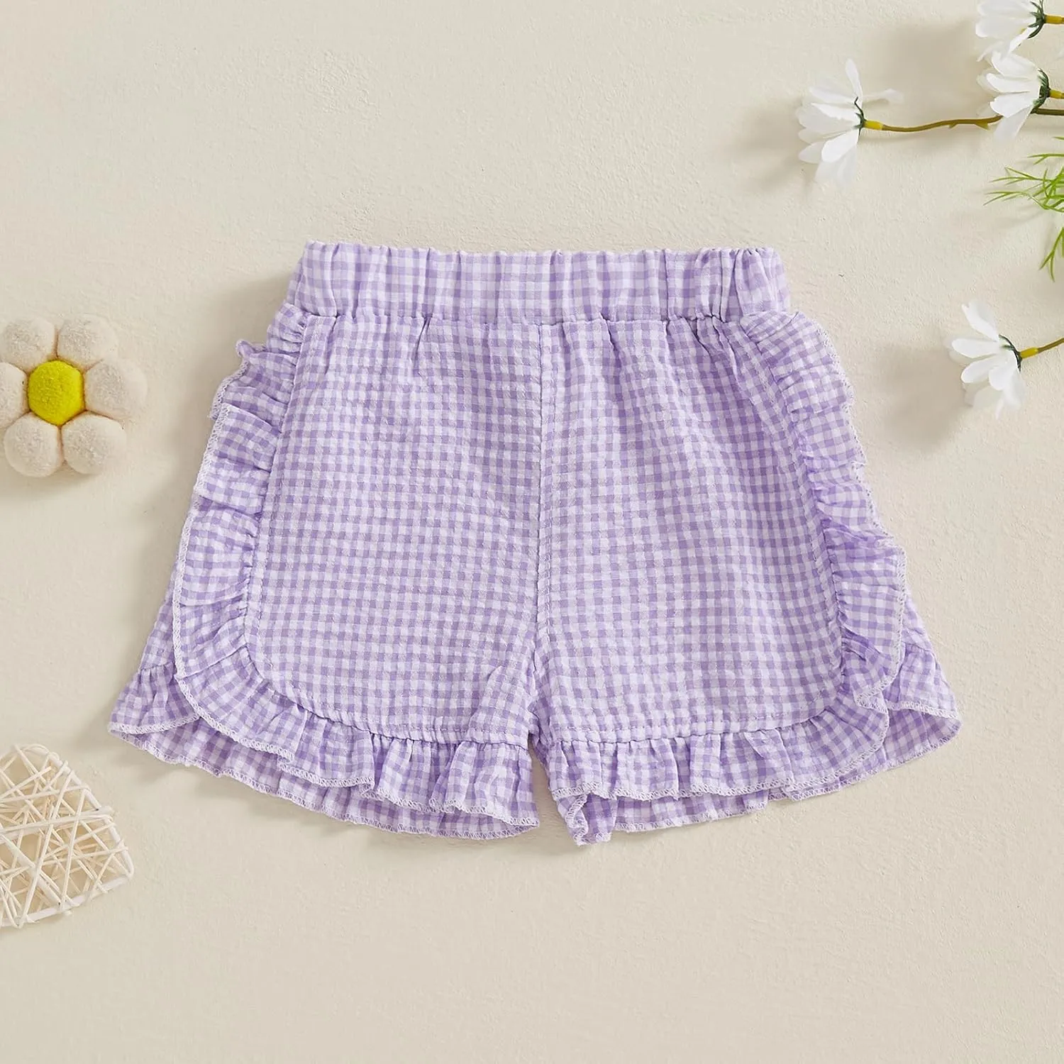 Karuedoo Toddler Baby Girl Shorts Casual Summer Gingham Plaid/Seersucker Elastic Waist Ruffle Hem Shorts Bottoms