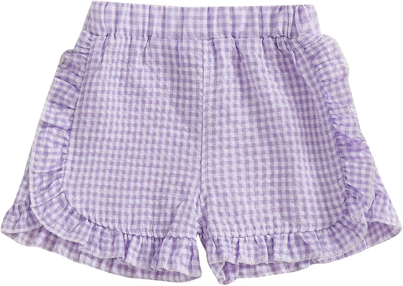 Karuedoo Toddler Baby Girl Shorts Casual Summer Gingham Plaid/Seersucker Elastic Waist Ruffle Hem Shorts Bottoms