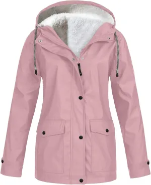 Kubbon Women's Trench Coats Waterproof Hooded Rain Jackets Softshell Warm Fleece Lined Windbreaker Jackets Going Out Outwear