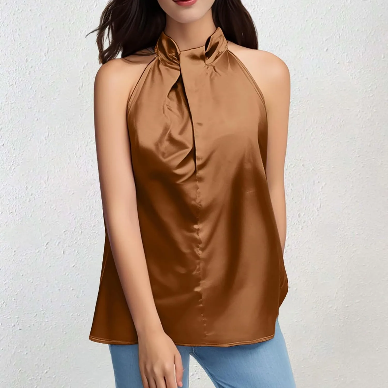 Ladies Summer Casual Sleeveless Solid Color Hanging Neck Jacket Arc Hem Casual Jacket Shirts Woman