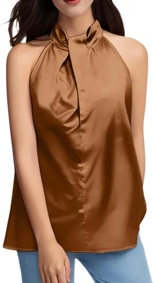 Ladies Summer Casual Sleeveless Solid Color Hanging Neck Jacket Arc Hem Casual Jacket Shirts Woman