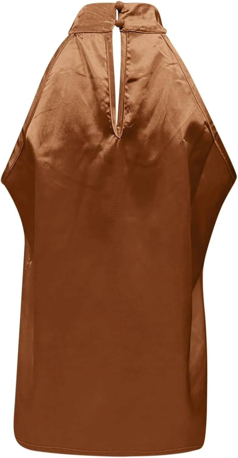 Ladies Summer Casual Sleeveless Solid Color Hanging Neck Jacket Arc Hem Casual Jacket Shirts Woman