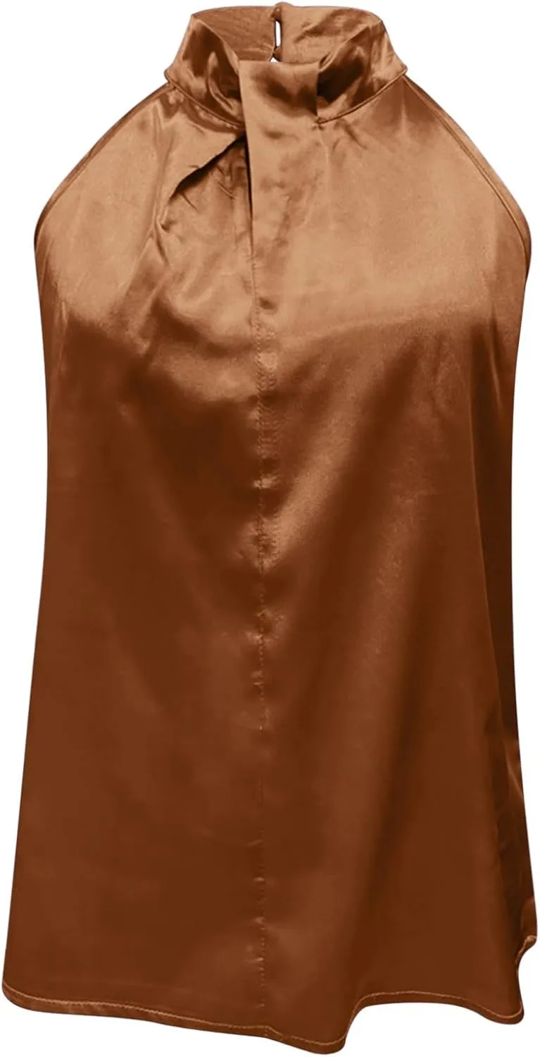 Ladies Summer Casual Sleeveless Solid Color Hanging Neck Jacket Arc Hem Casual Jacket Shirts Woman