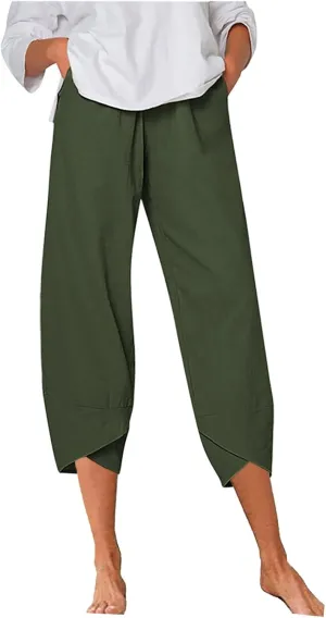 LCMTWX Womens Wide Leg Pants Summer Elastic High Waist Linen Pants Straight Leg Wide Leg Cropped Pants Cotton Pants Petite
